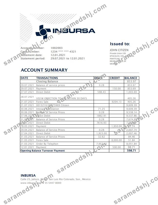Mexico Inbursa Bank statement easy to fill template in Excel and PDF format